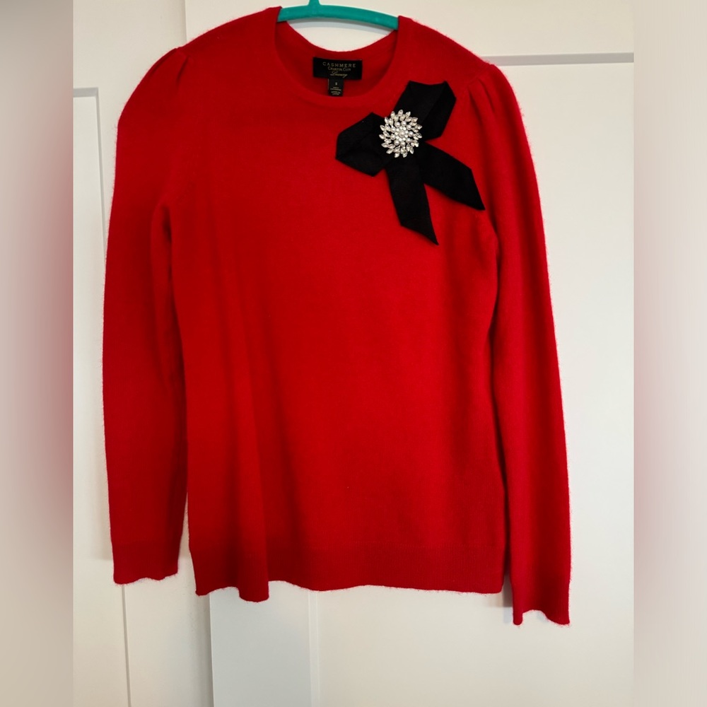 Charter Club Luxury Cashmere Red Sweater with Black Bow & Jewel Accent - Size S